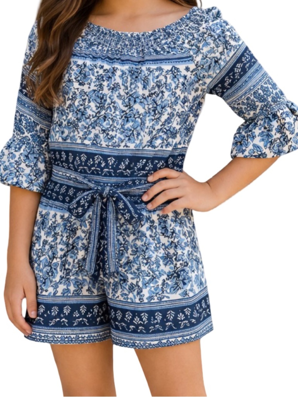 Star Ride Blue Floral Romper Girls L 10/12 Smocked Boho Tie Waist NWOT